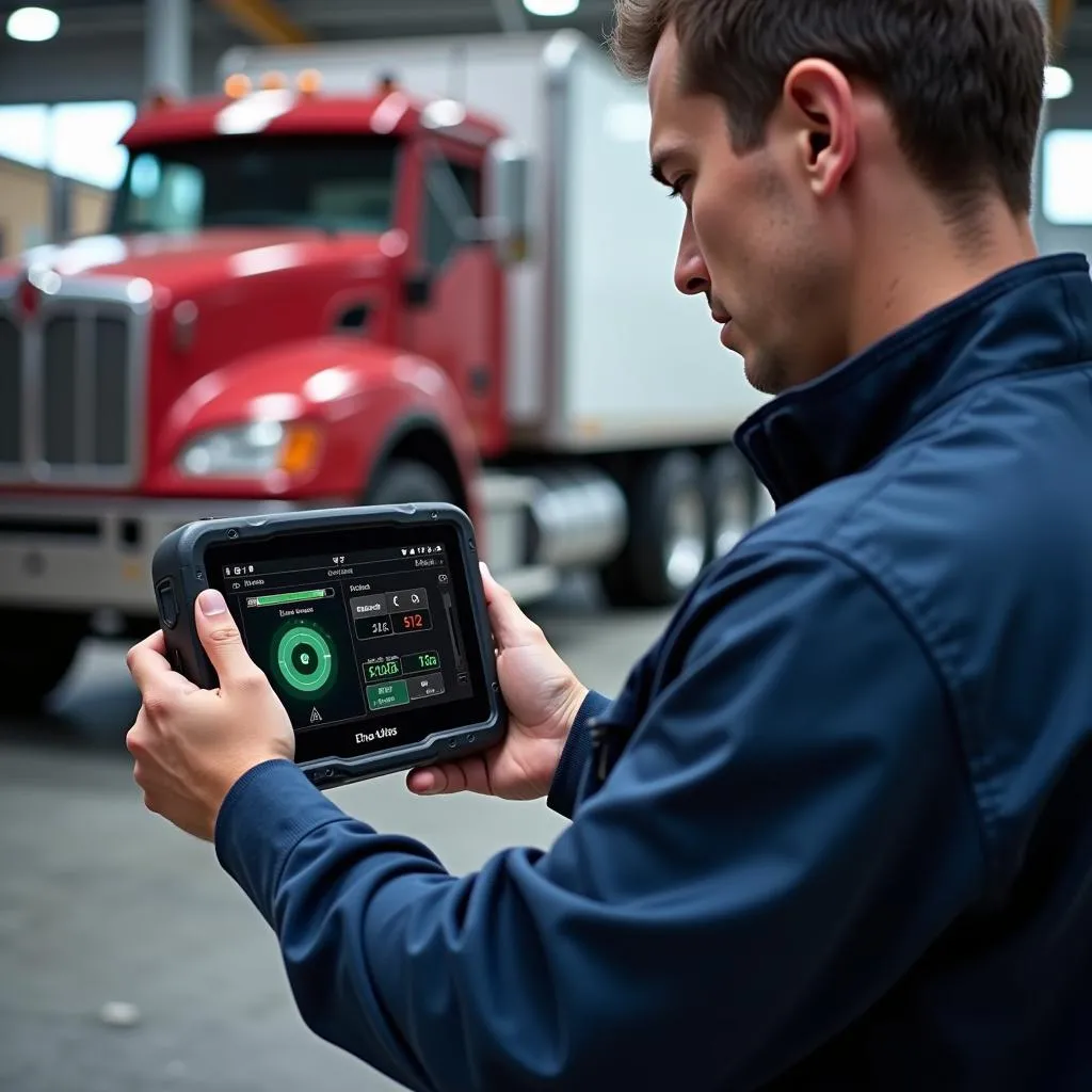 Mechanic using the Ethos Edge scan tool to diagnose a truck