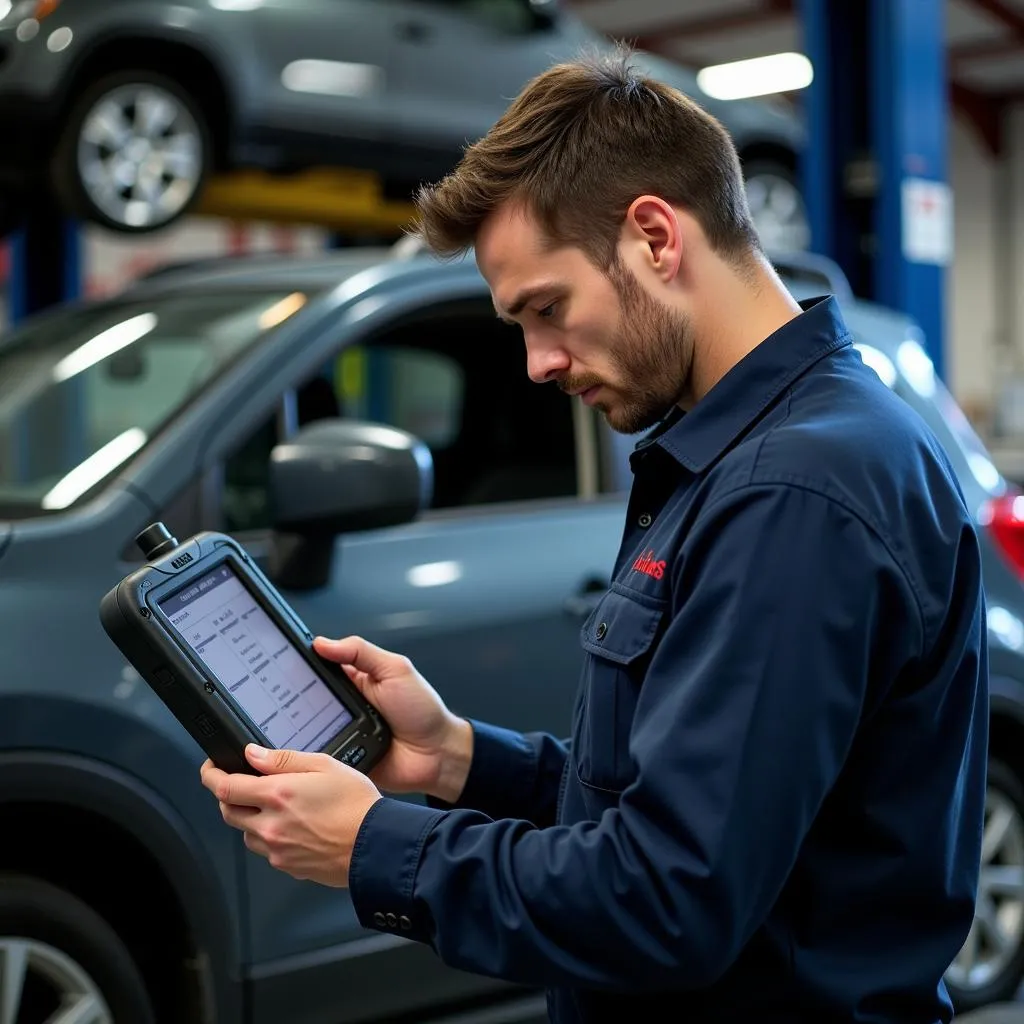 Mechanic Diagnosing Car with Factory Scan Tool