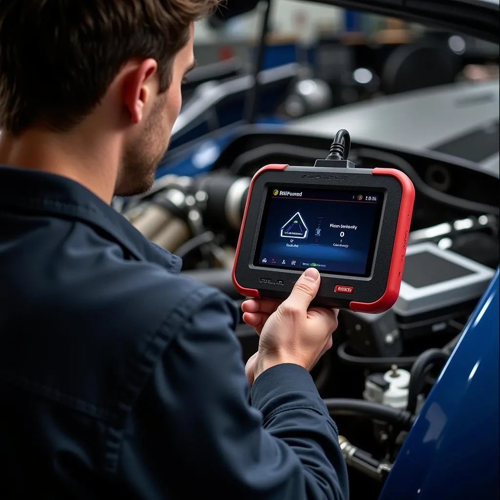 Mechanic Using Farabar Scan Tool to Diagnose Engine Issue