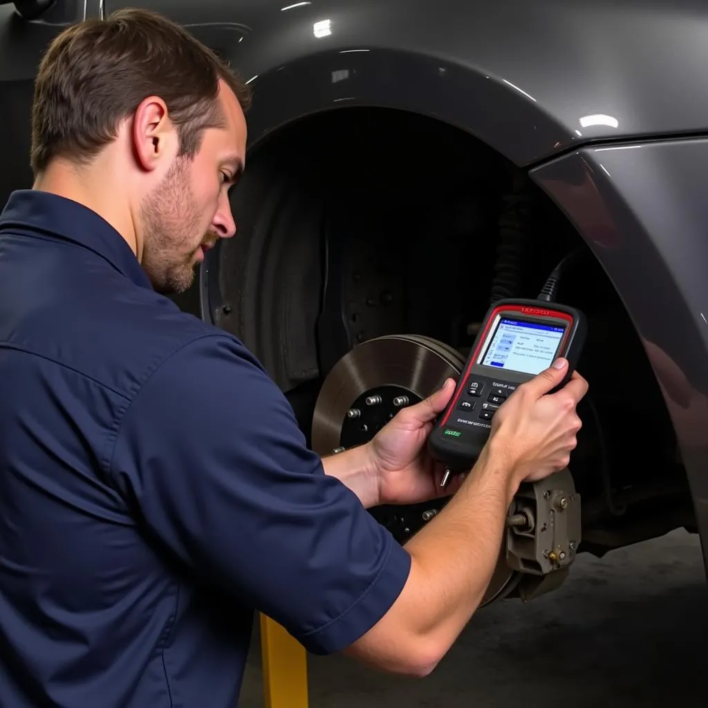 Mechanic performing an Electronic Parking Brake (EPB) service using a Foxwell auto scanner