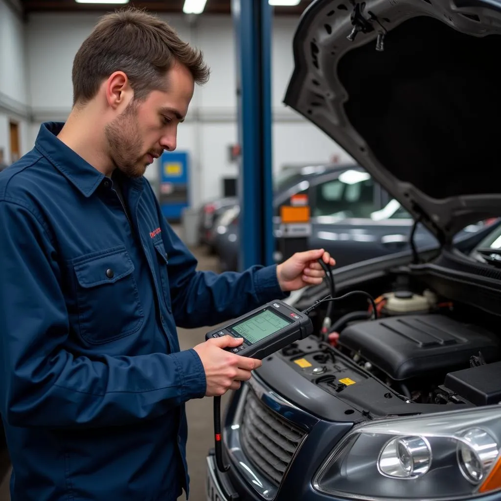 Mechanic diagnosing car with a GIT scan tool