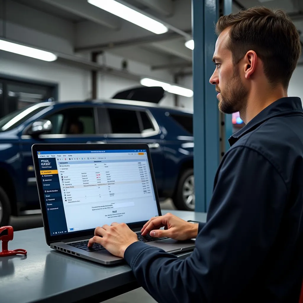 Mechanic Using GM Diagnostic Software on Laptop