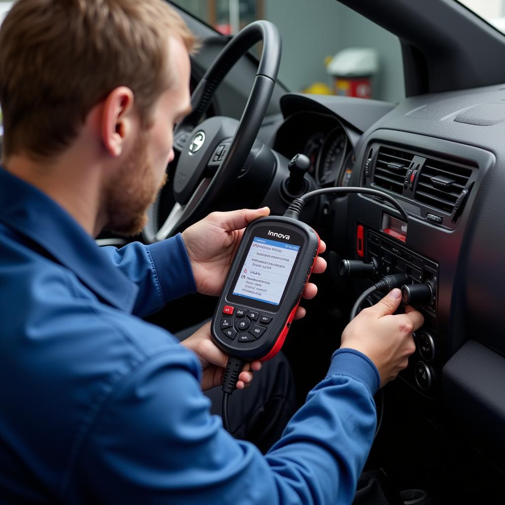 Mechanic using Innova 3030 scan tool on a car's OBD-II port