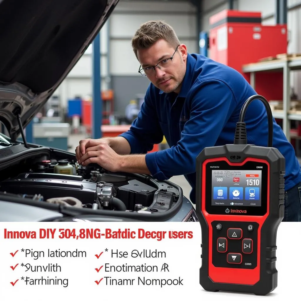 A mechanic uses the Innova 3040a scan tool to diagnose a car engine in a professional workshop setting.