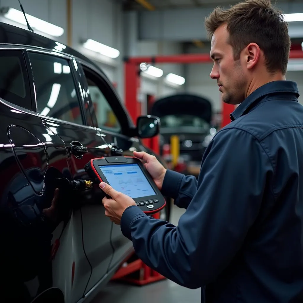 Mechanic Using Innova 7111 for Vehicle Diagnostics