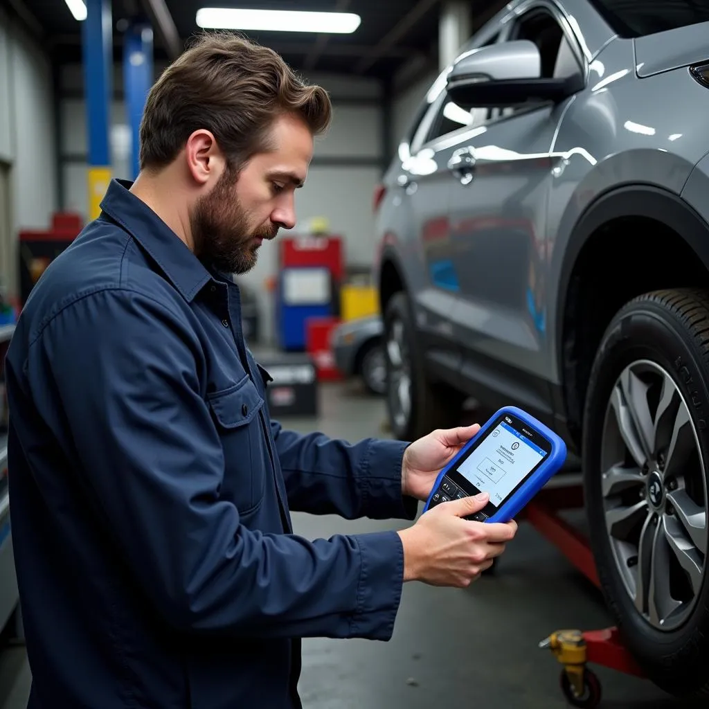 Mechanic using the Innova CarScan on a car in a repair shop