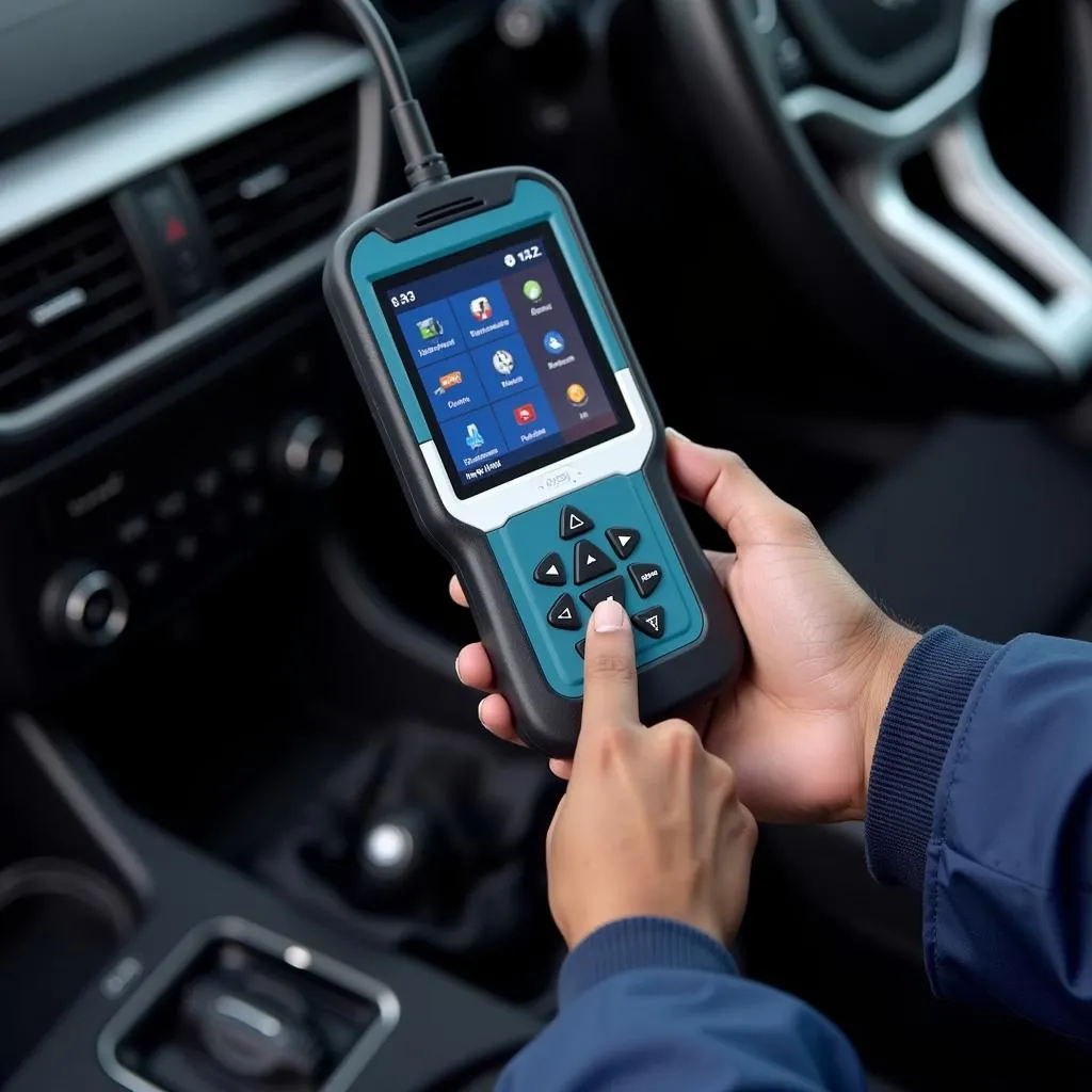 Mechanic Using Intel Hardware Scanning Tool on a Car