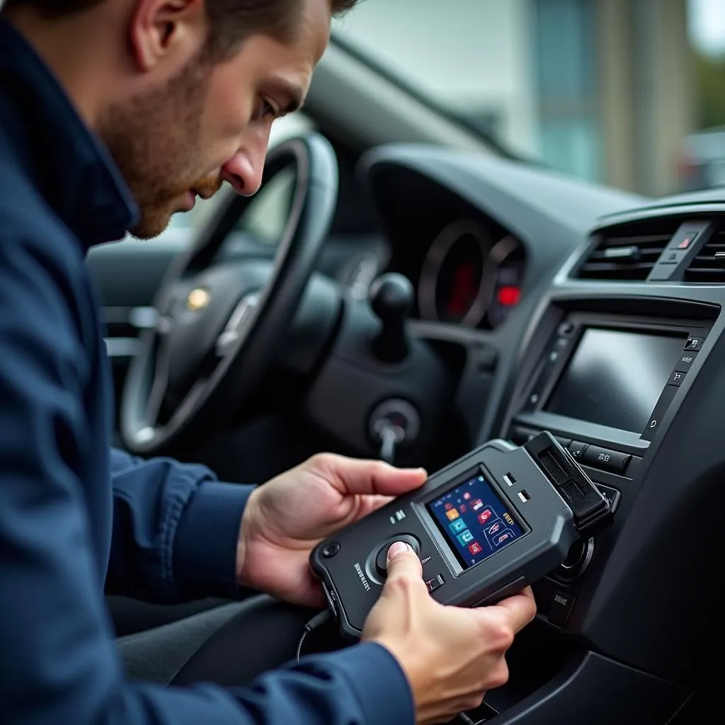 Mechanic using IP Scan Tool on Car