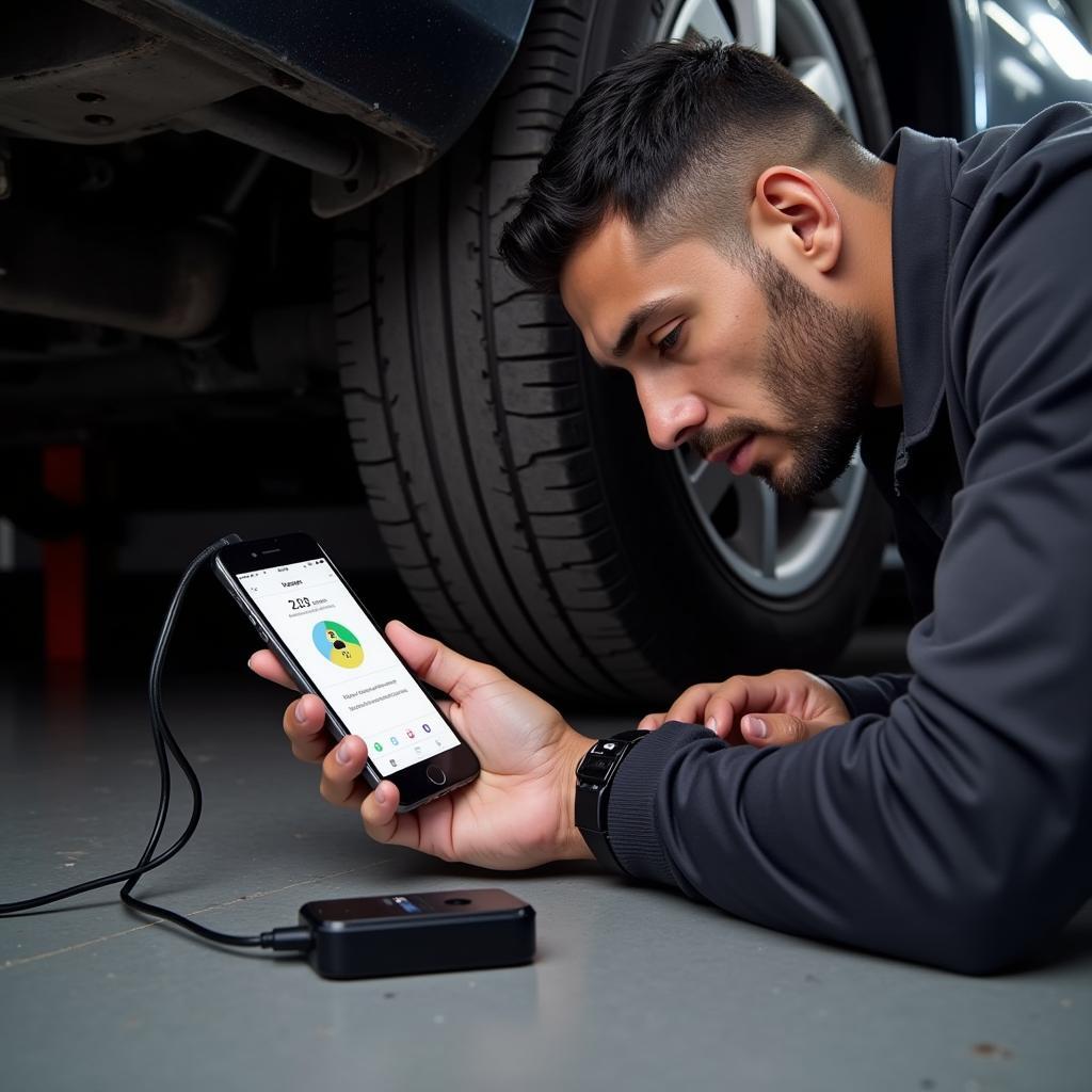 Mechanic Using iPhone for Car Diagnostics