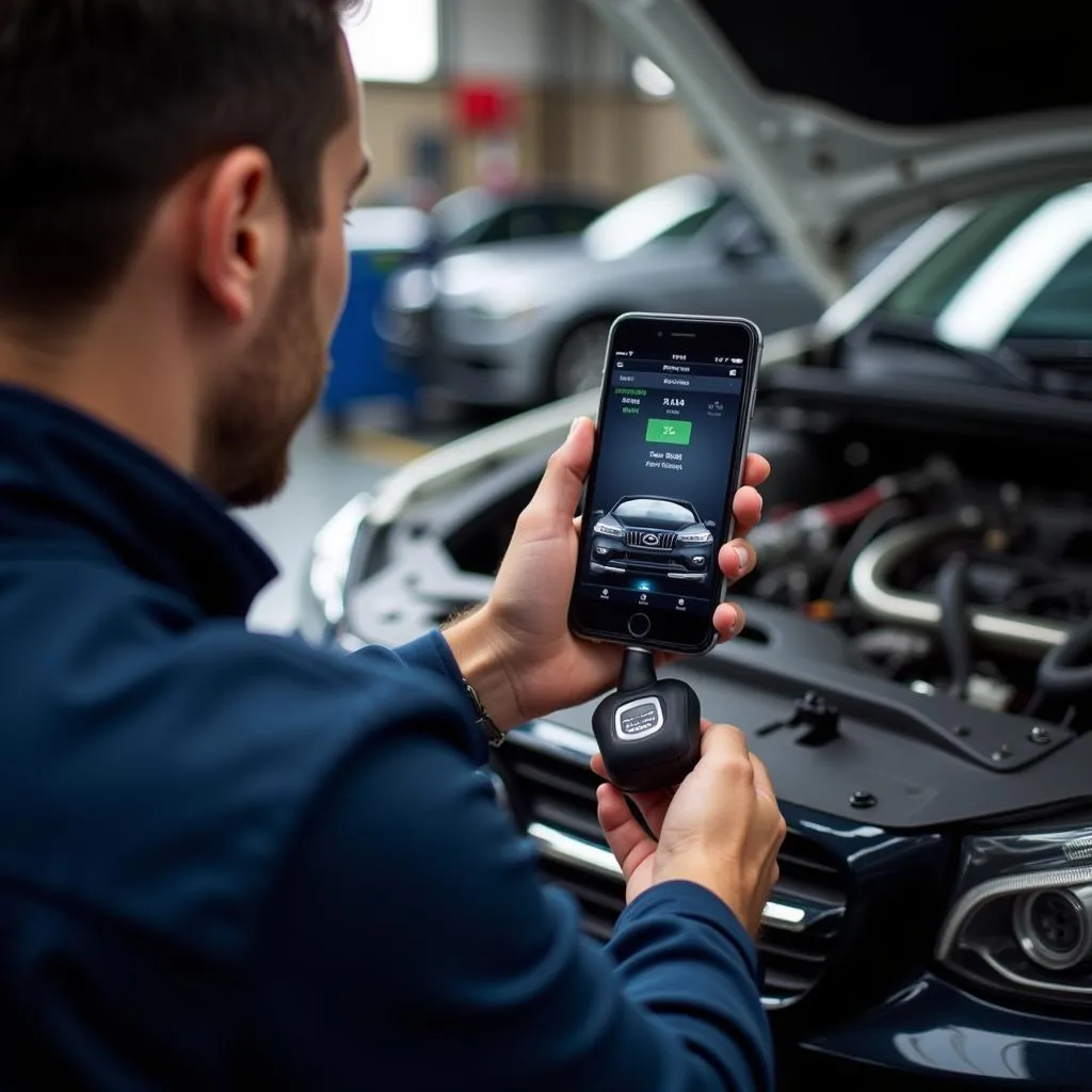 Mechanic Using iPhone Scan Tool for Car Diagnostics