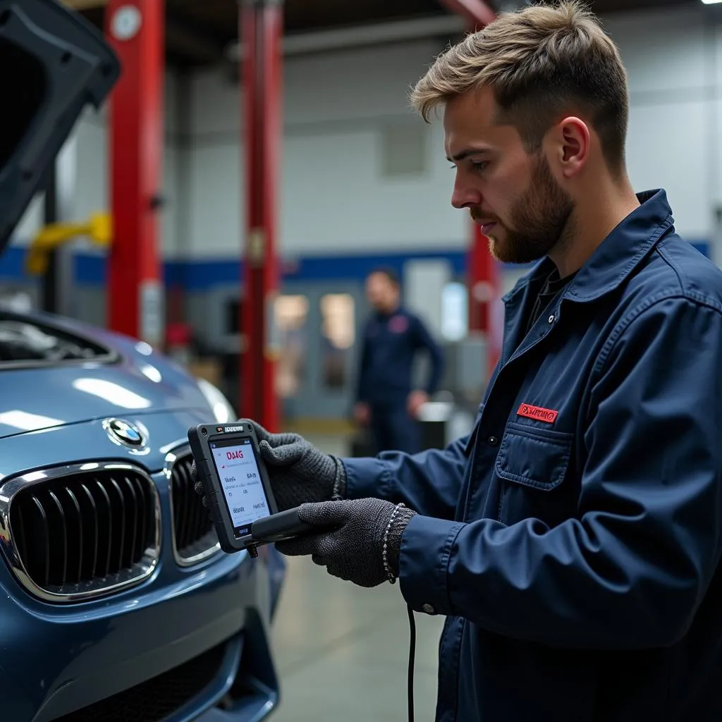 Mechanic using a J DAG scan tool in a garage