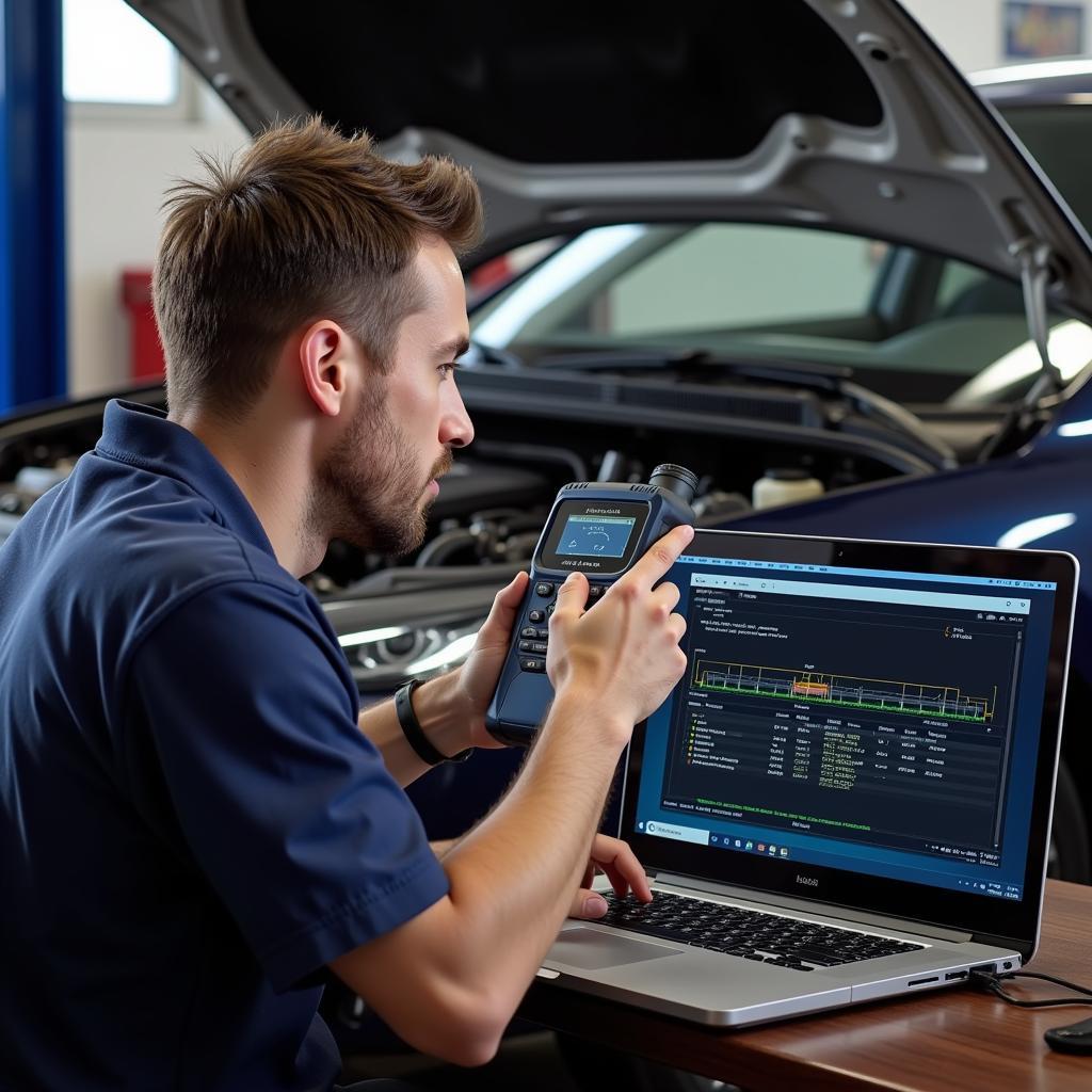 Mechanic using a J2534 device for car diagnostics in a garage setting