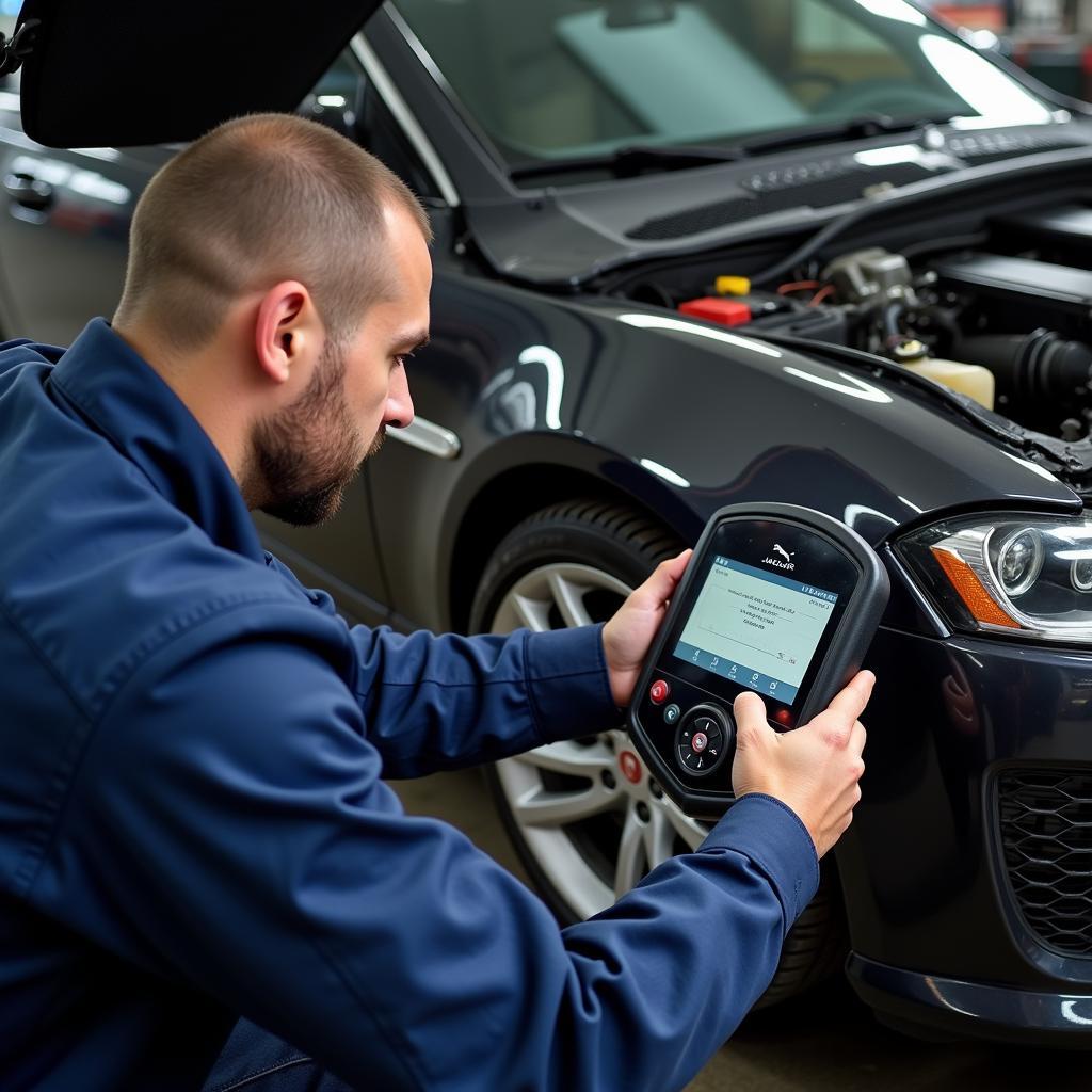 Mechanic Diagnosing a Jaguar