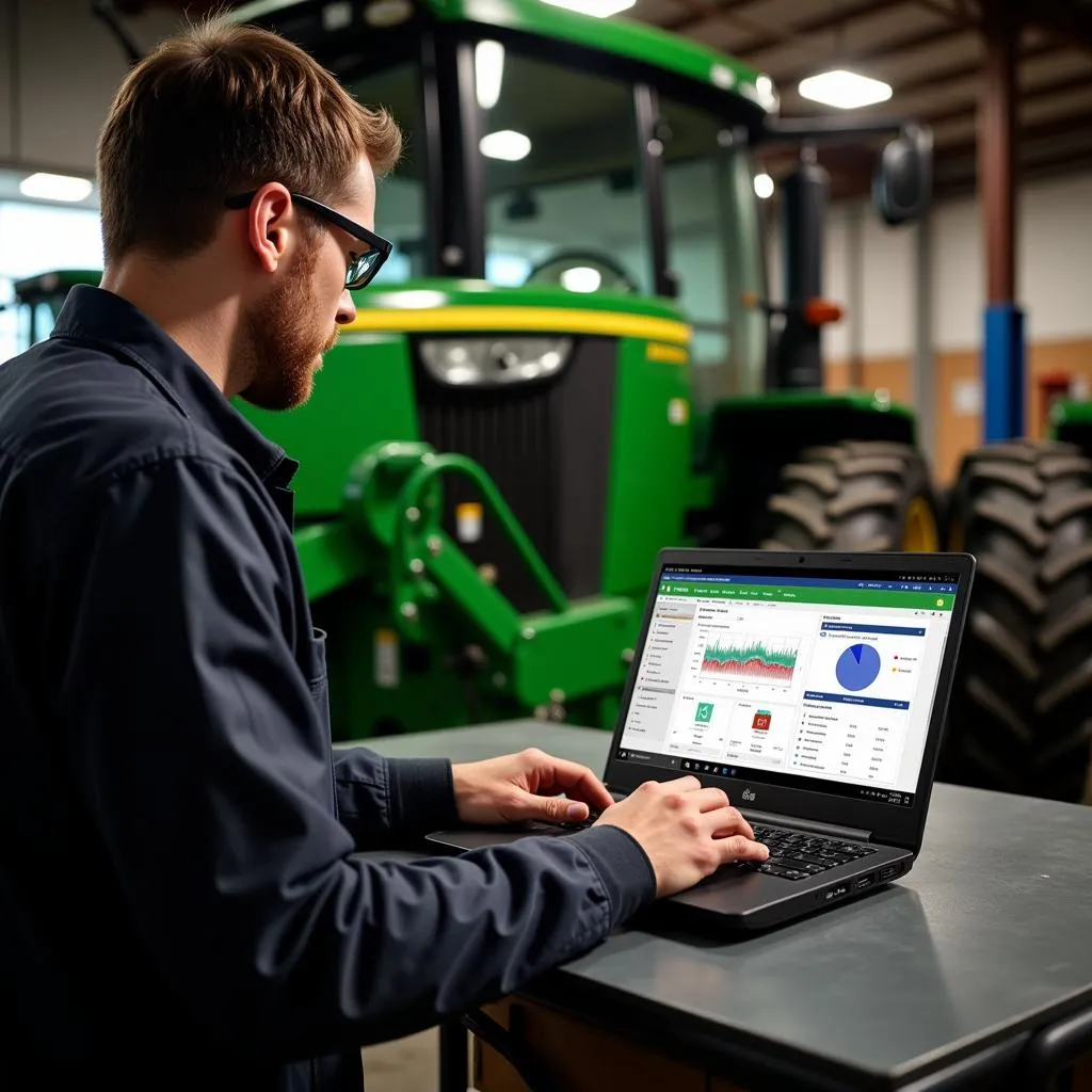 Mechanic Using John Deere Service Advisor on Laptop