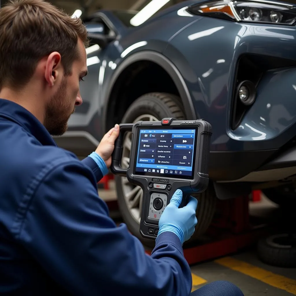 Mechanic using a K7 scanner to diagnose a car problem