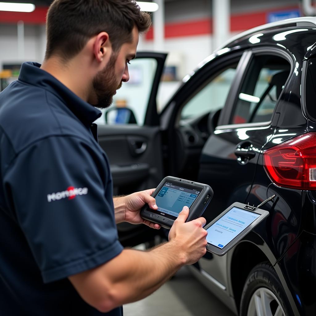 Mechanic Using Kobra OBD2 Scanner in Garage