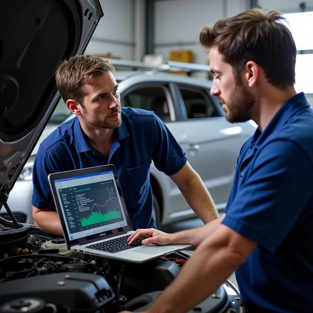 A mechanic explains diagnostic results to a customer using a laptop program