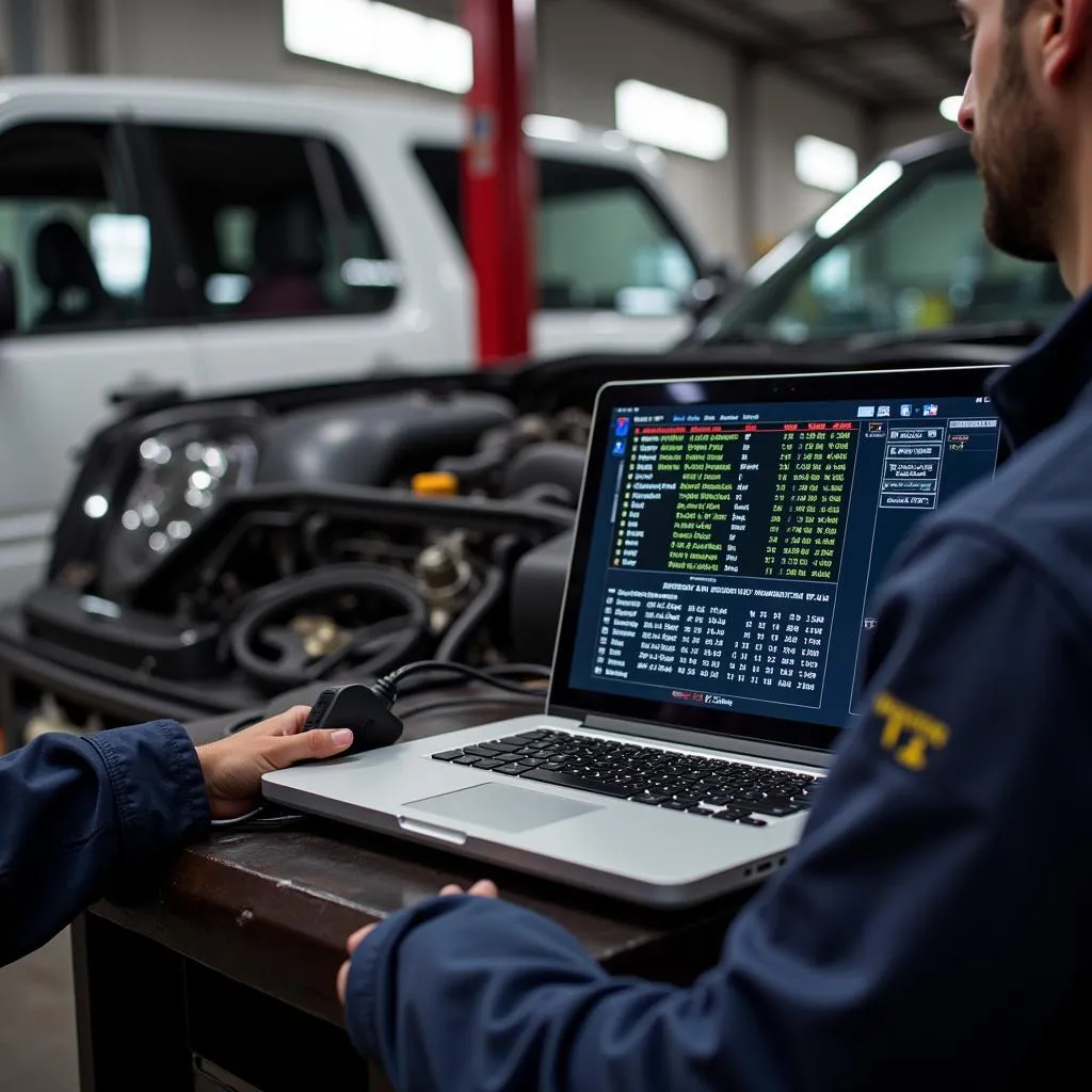 Mechanic using laptop diagnostic software on a car