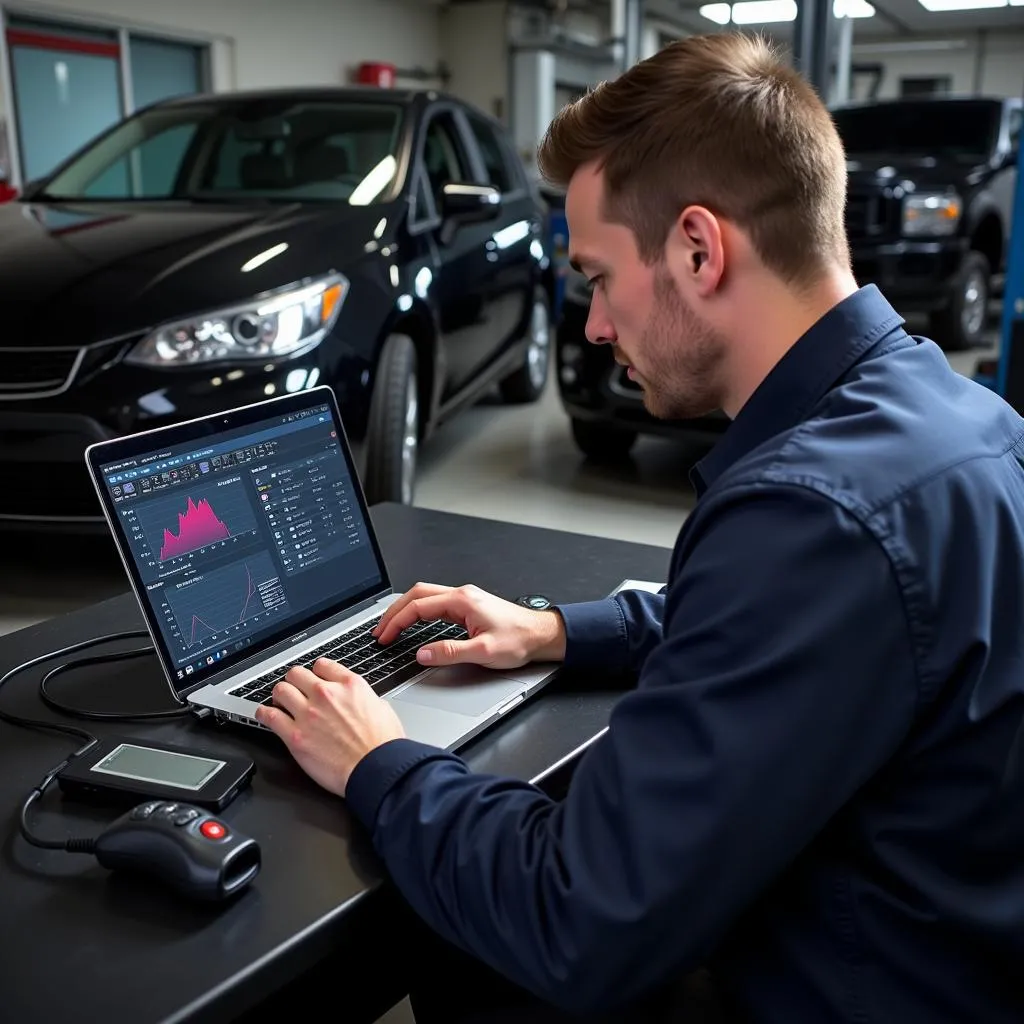 Mechanic analyzing vehicle data on a laptop connected to a dealer scanner