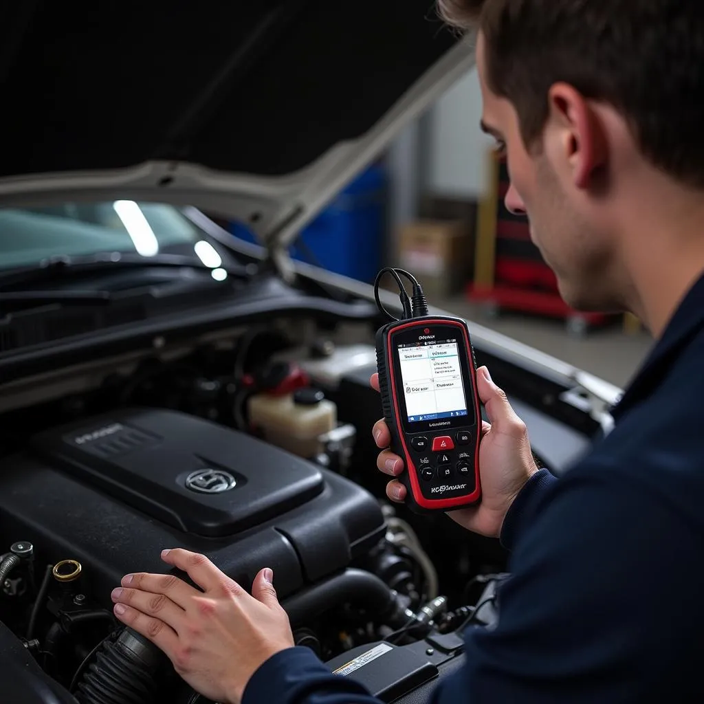 Car mechanic using a launch code reader to fix a car