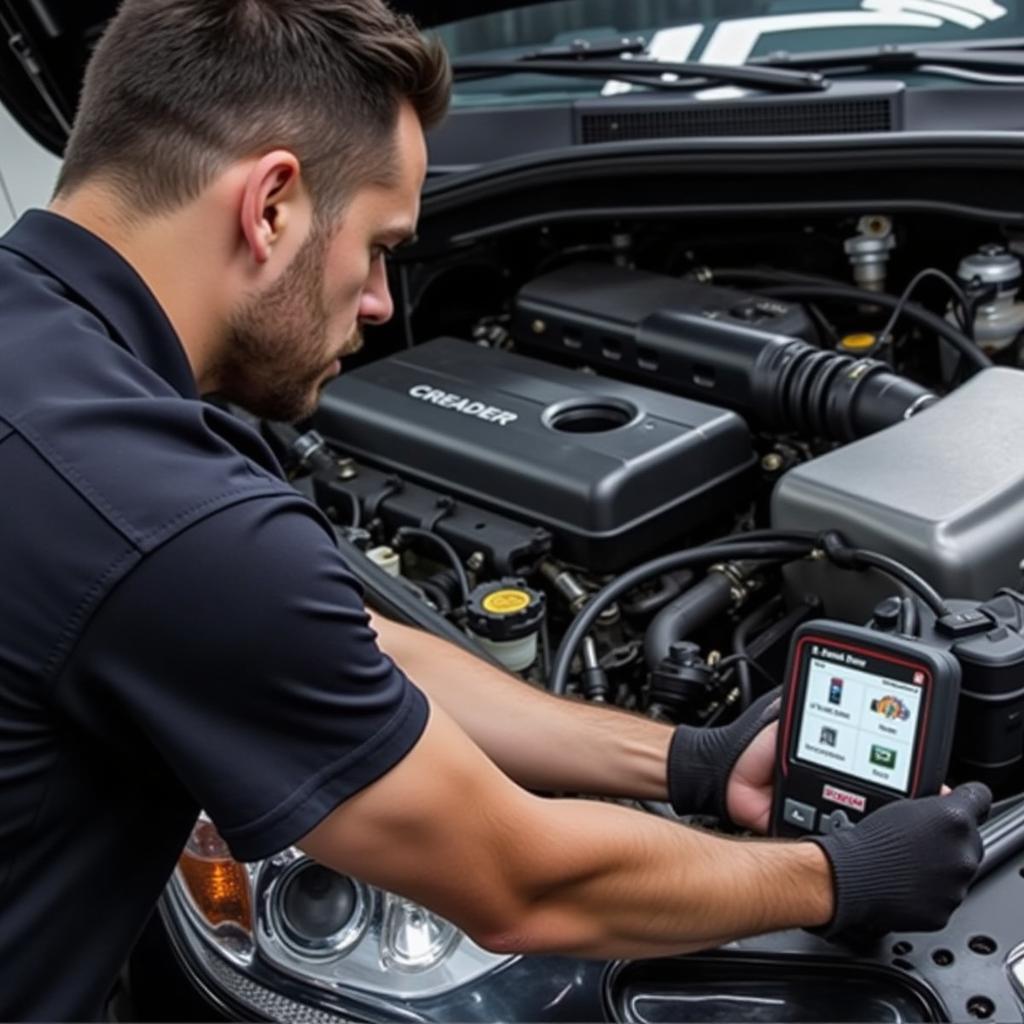 Mechanic Using Launch Creader CRP129 to Diagnose Car Engine