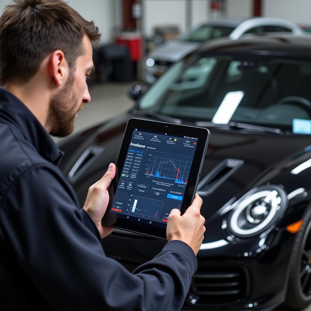 Mechanic Using Lenovo Tablet Scan Tool in Workshop