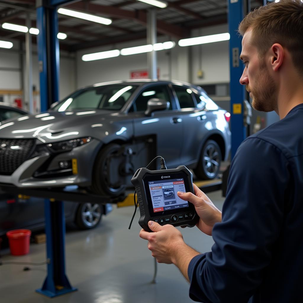 Mechanic Using a Scan Tool to Diagnose a Lexus IS200 in a Garage