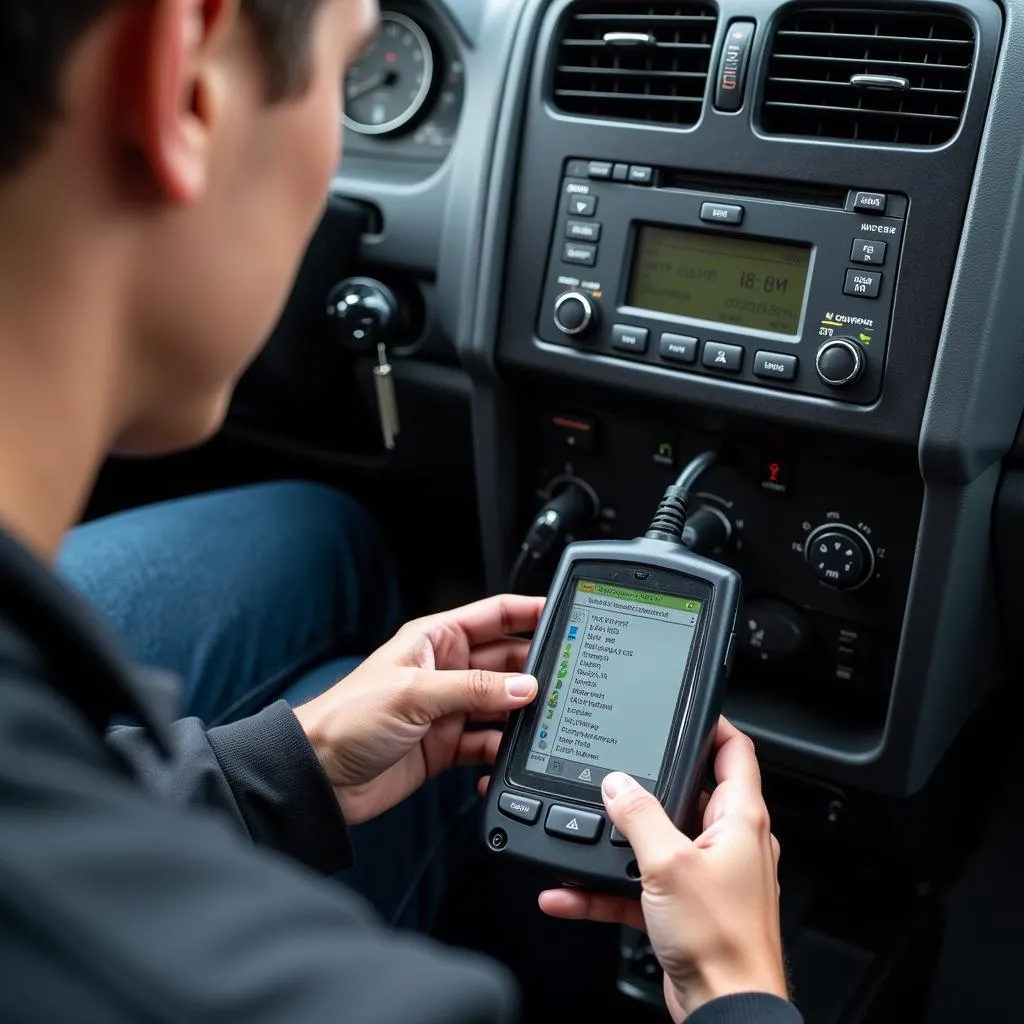 A mechanic is using a lorry scanner to diagnose a problem.