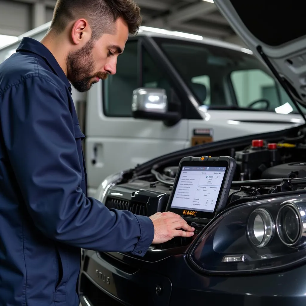 Mechanic using MaxiLink II scanner to diagnose a car problem