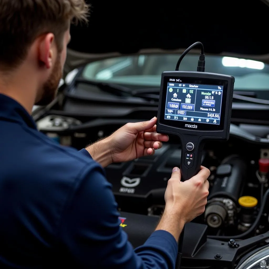 Mechanic diagnosing a Mazda RX-8 using a professional scan tool