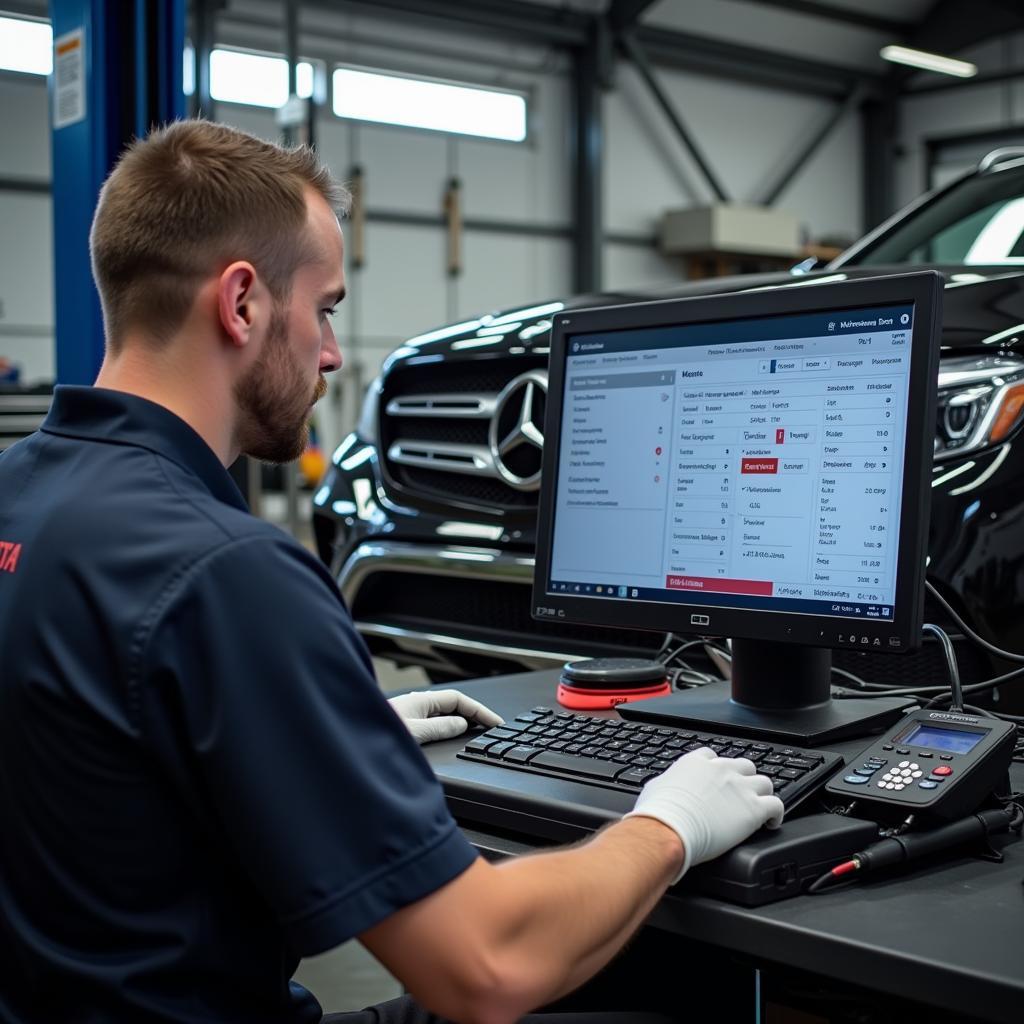 Mechanic Using Mercedes Benz Transmission Module Coding Tool