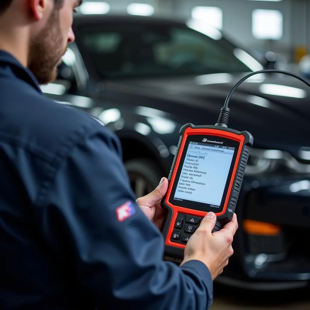 Mechanic diagnosing a car with the MK808 scanner