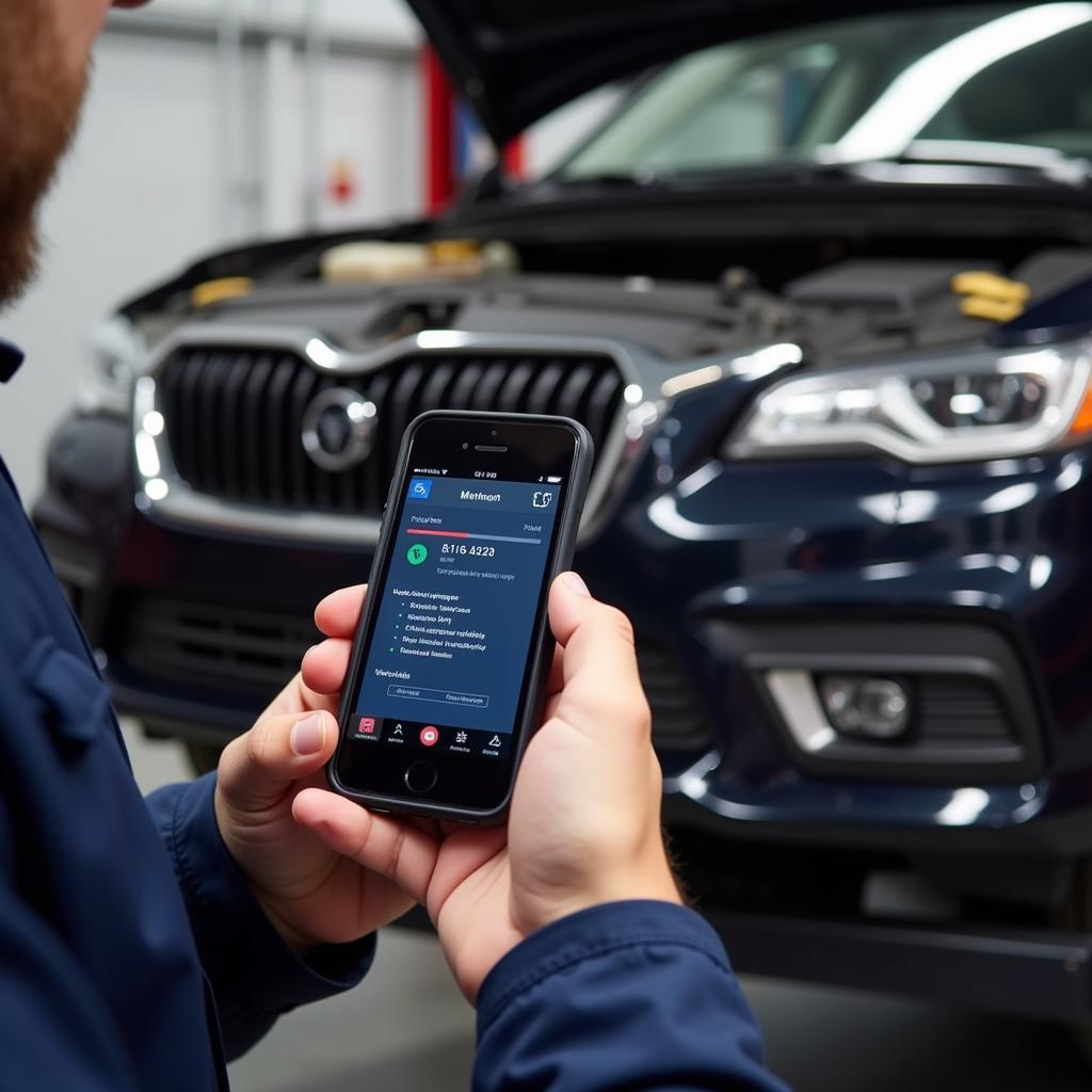 Mechanic diagnosing car problems with mobile phone scan tool