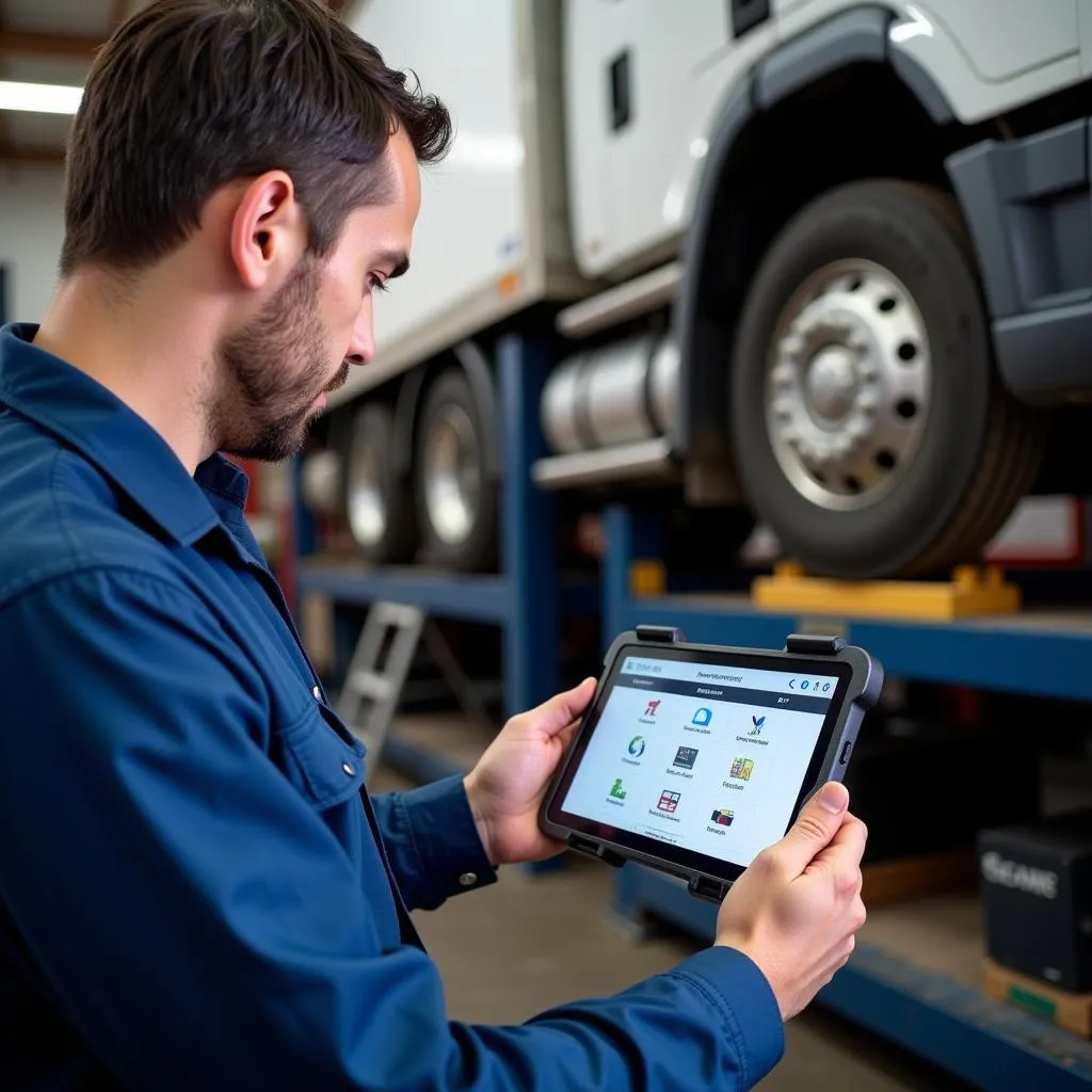 Mechanic using a mobile heavy duty scan tool to diagnose a truck