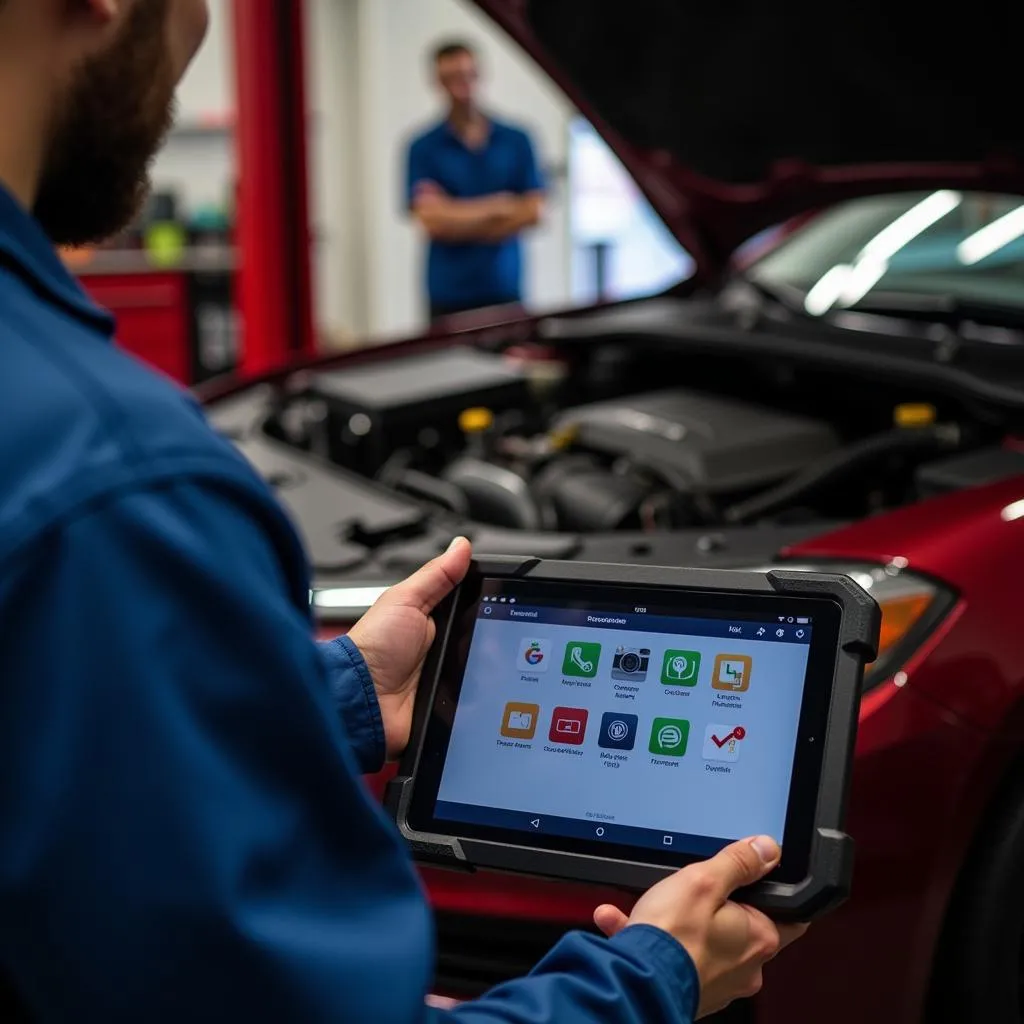 Mechanic diagnosing a car using OBD Fusion app