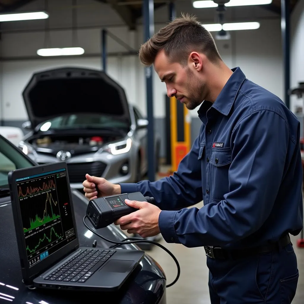 Mechanic using OBD scanner and laptop