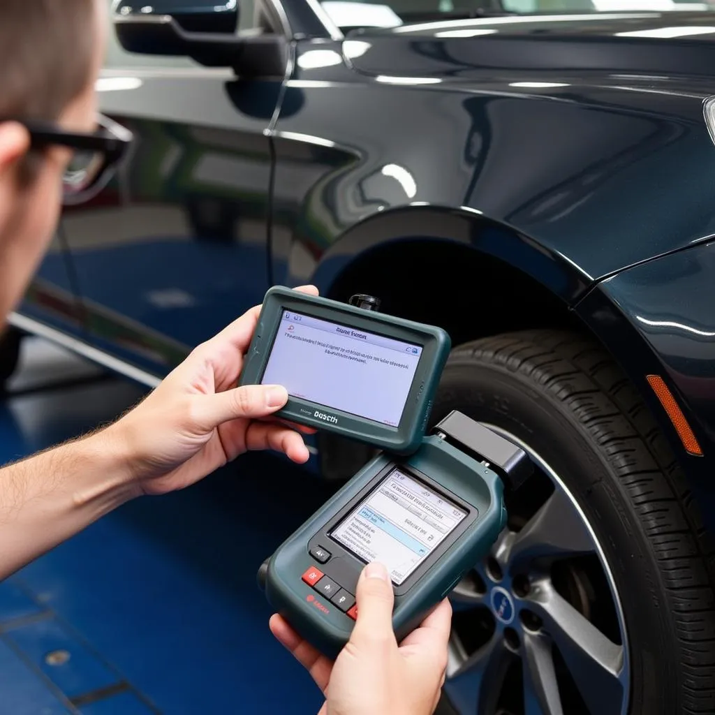 A mechanic using a Bosch OBD scanner to diagnose a car