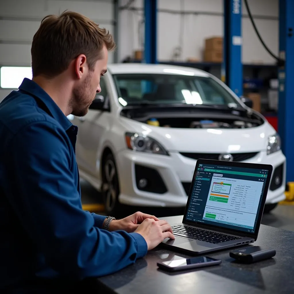 Mechanic analyzing car diagnostics on laptop in a garage