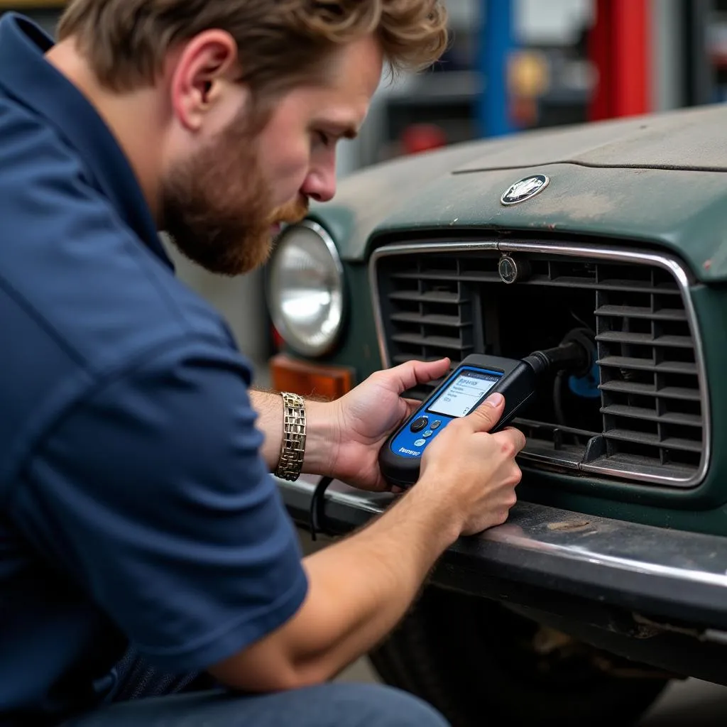 Mechanic Using OBD1 Reader on Classic Car