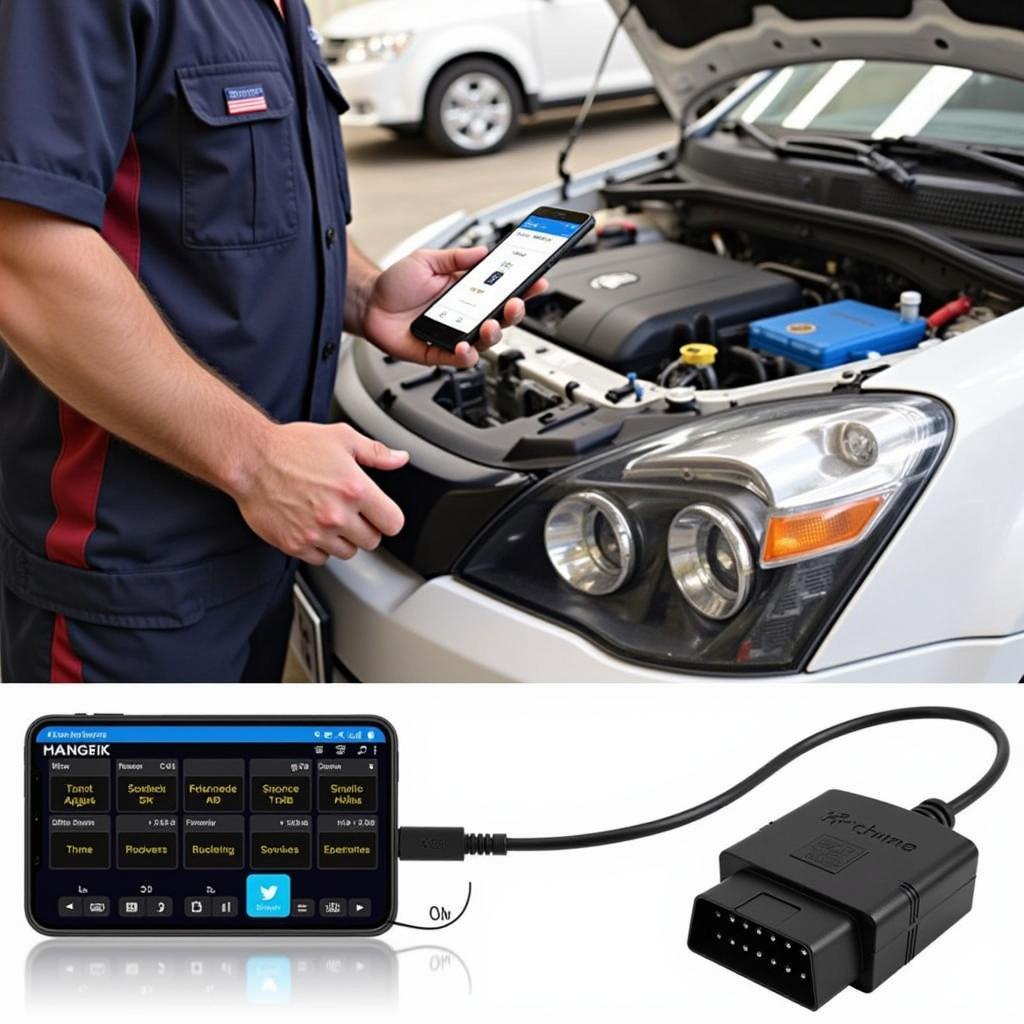 A mechanic using an OBD2 Bluetooth scanner to diagnose a car engine