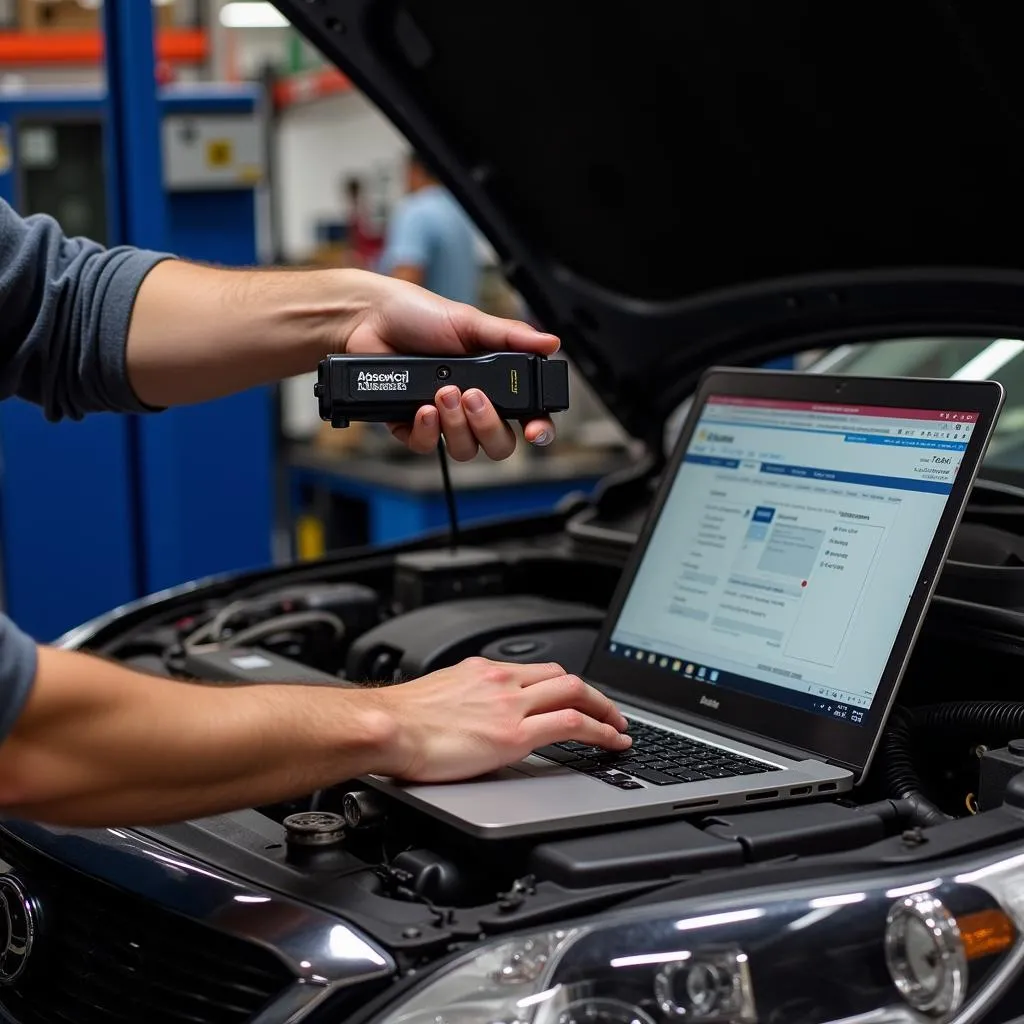 Mechanic Using OBD2 Scanner and Referencing Laptop with Hamb Forum Open