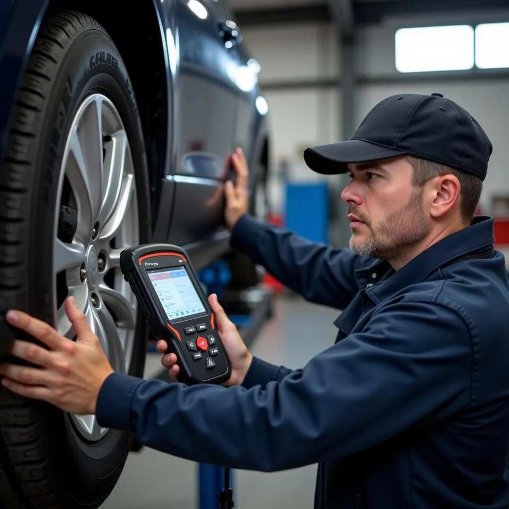 Mechanic using an OBD2 scanner in a garage