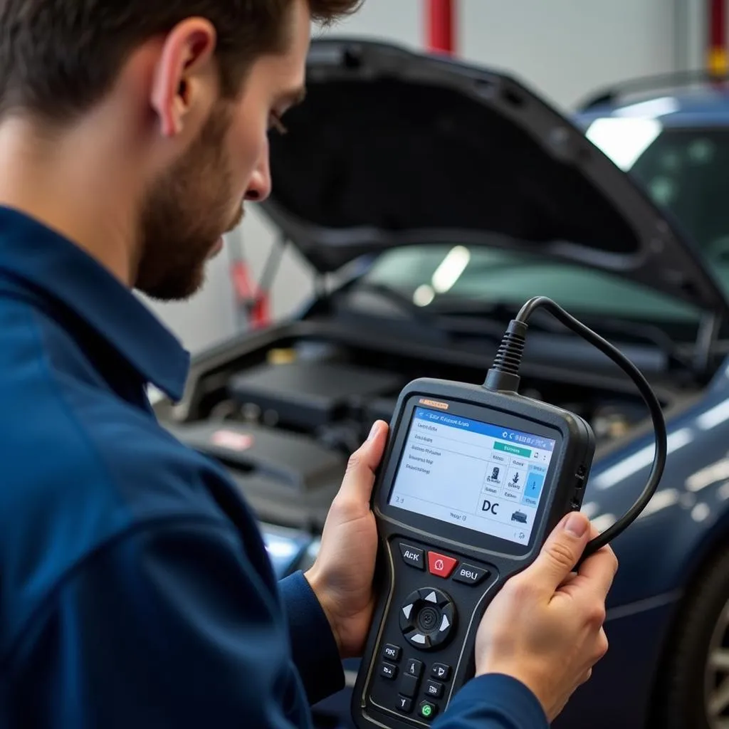 Mechanic diagnosing a car with an OBD2 scanner