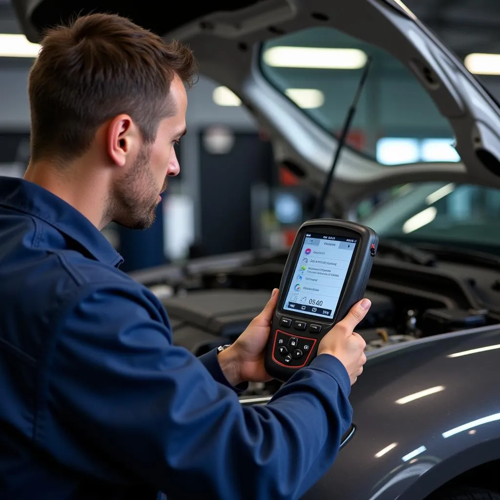 Mechanic Using OBD2 Scanner in Workshop