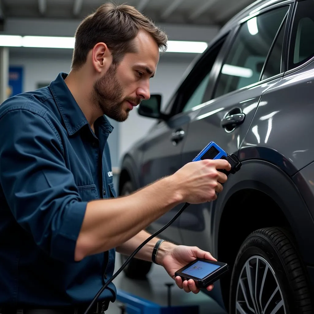 Mechanic diagnosing car problems using an OBD2 scanner