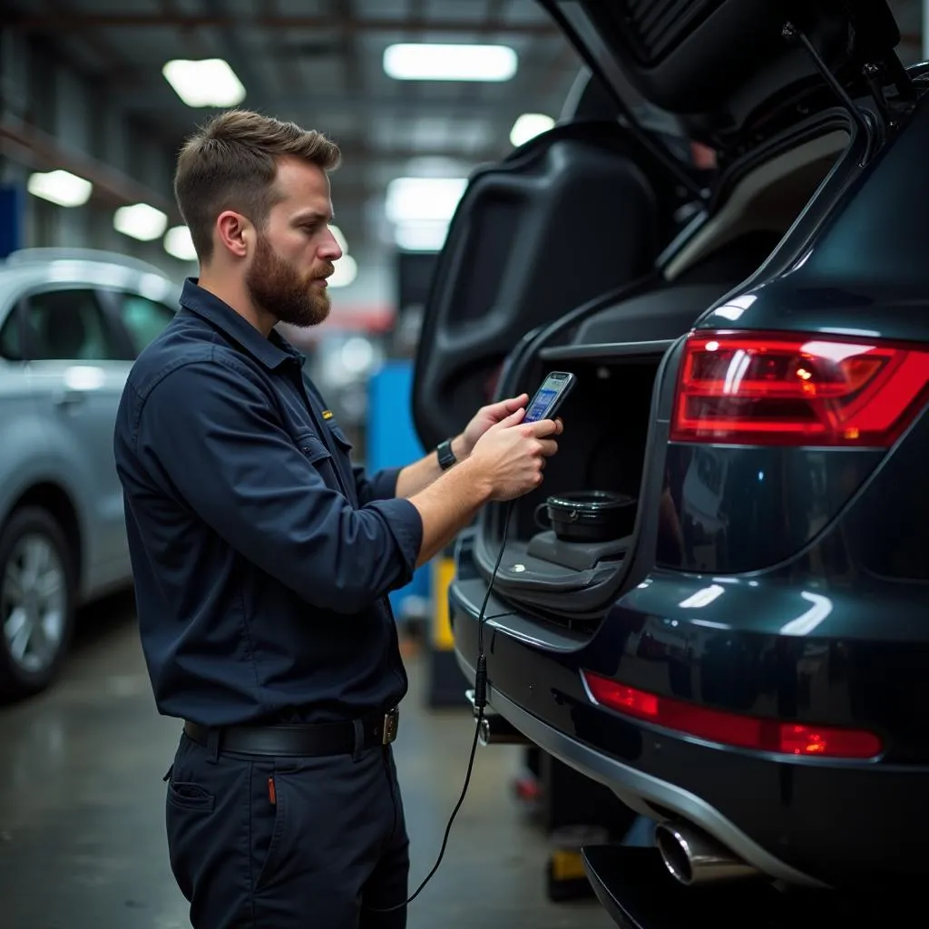  Mechanic Using OBD2 Scanner on Car in Workshop