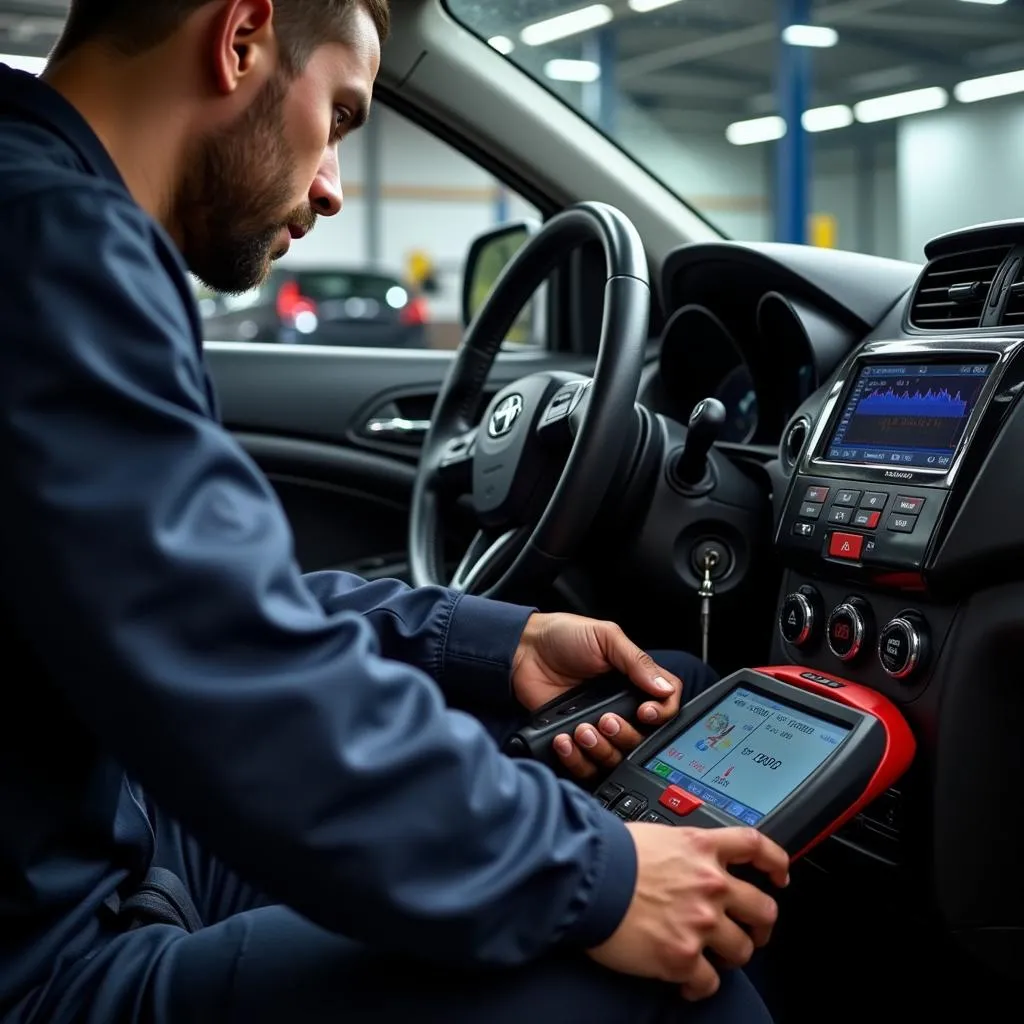 Mechanic Diagnosing Innova with OBD2 Scanner