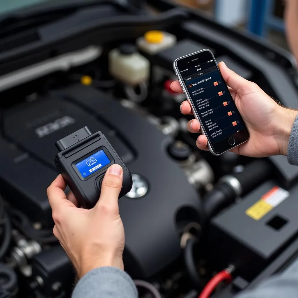 Mechanic Using OBD2 Scanner on Smartphone