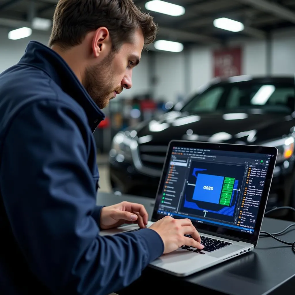 Mechanic Using OBD2 Software on Laptop