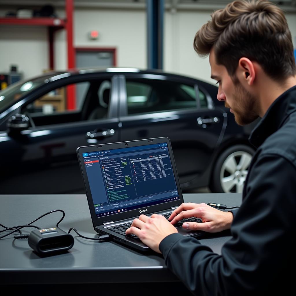 Mechanic using OBD2 software on a laptop connected to a car